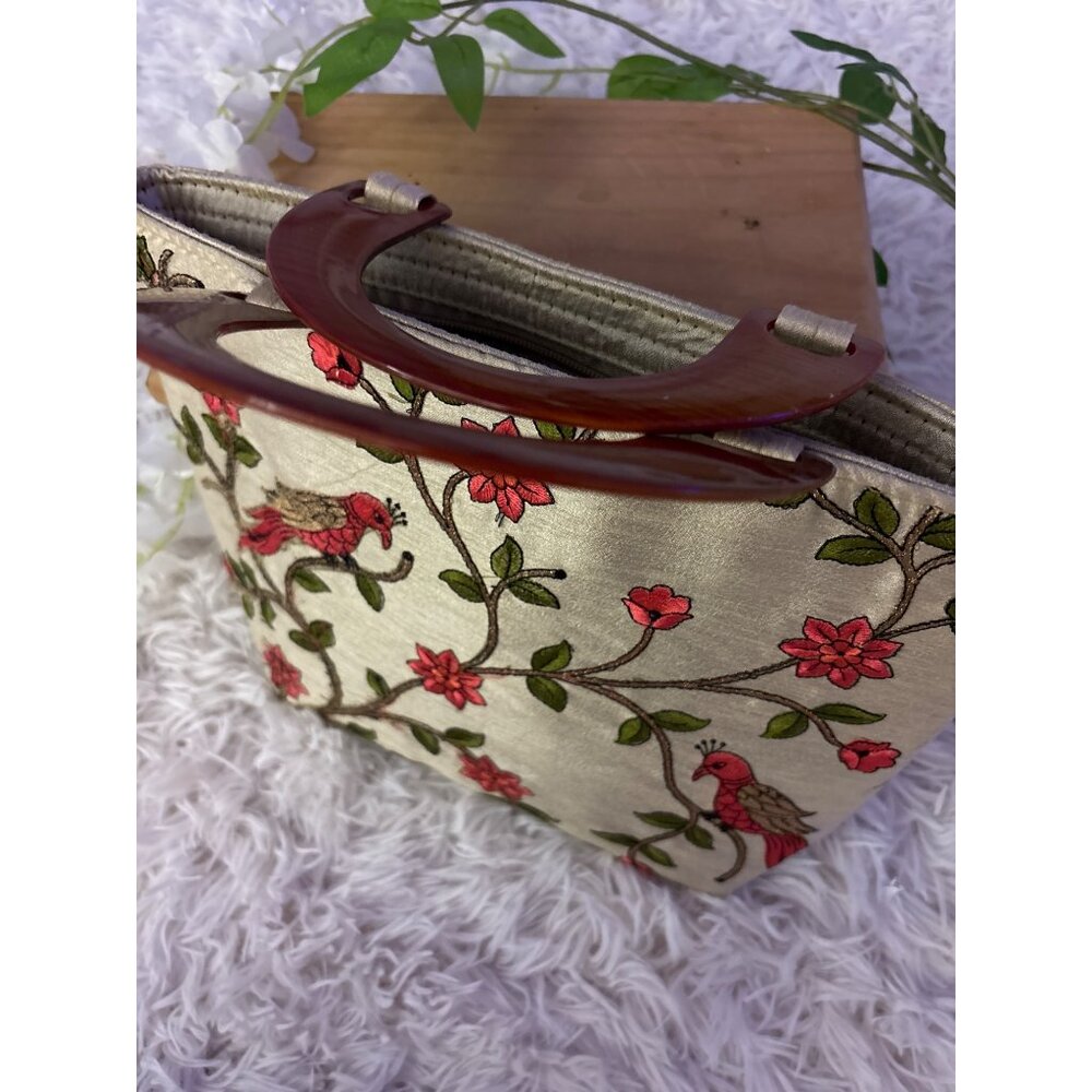 Embroidered Silk Handbag With Bird & Floral Design Wooden Handles Zippered Compa - Picture 9 of 15